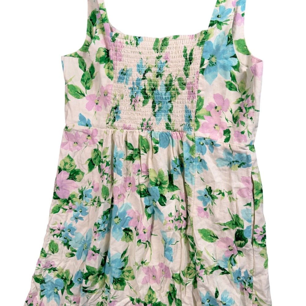 Cottagecore Floral Midi Sundress Prairie Garden Party Linen Blend‎ Smocked NWT L - Picture 3 of 12